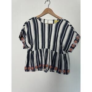 Maeve Anthropologie Peplum Top XS Navy White Striped Embroidered Boho Blouse